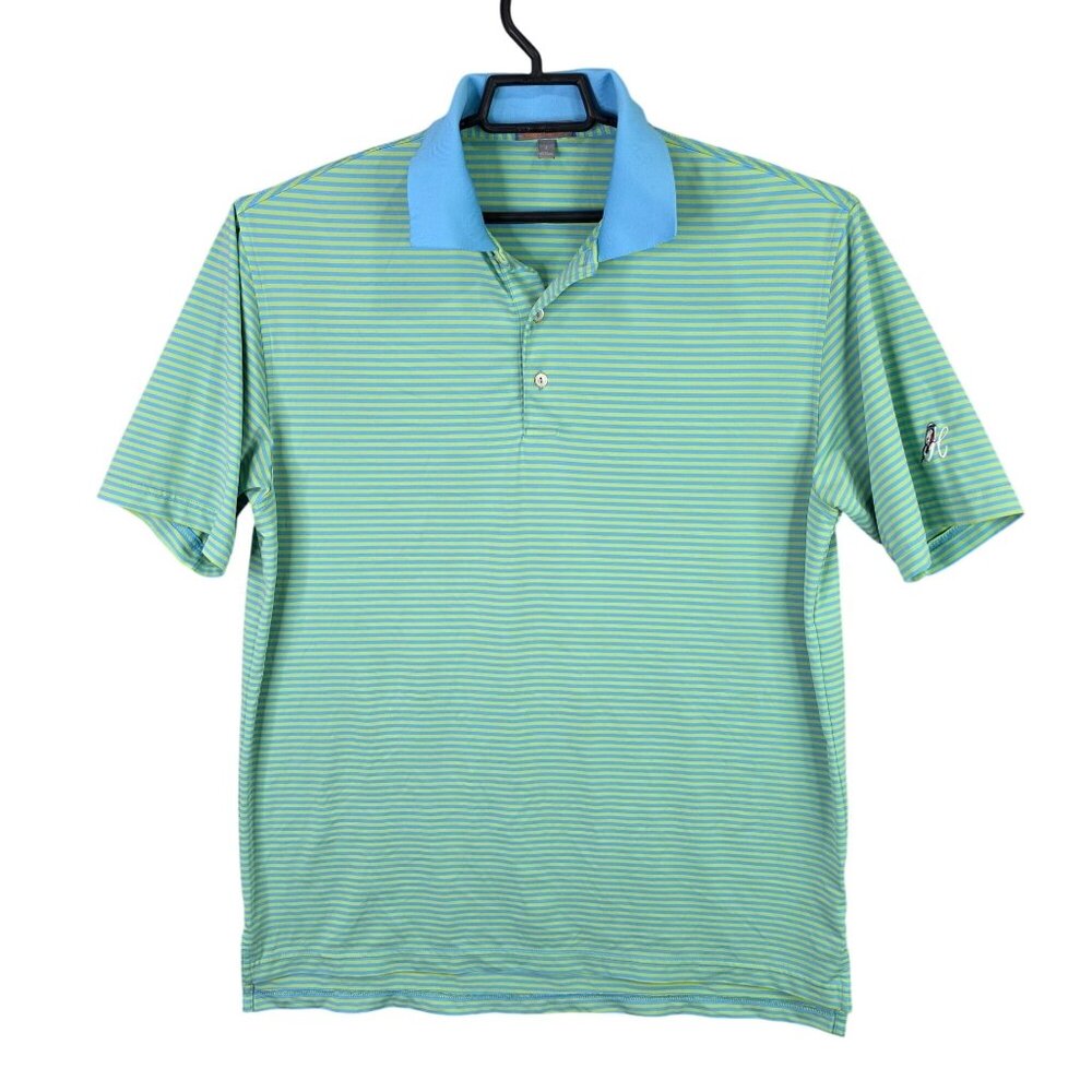 Mens Peter Millar Summer Comfort Blue Green Striped Polo Shirt Short Sleeve L
